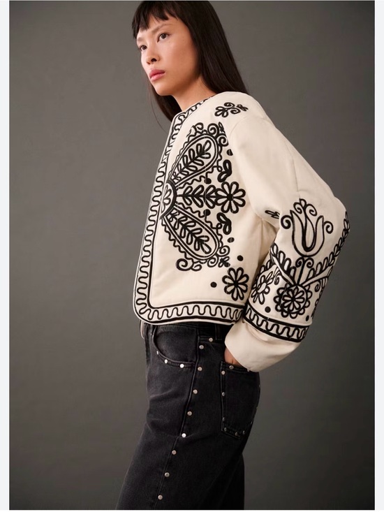 Mango Jackets & Blazers - NWT Mango Embroidered Ivory Jacket with Black Folkloric Detailing cotton